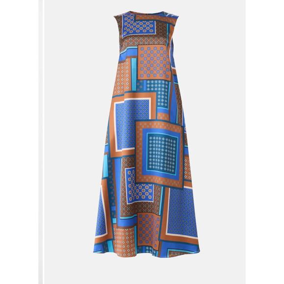 Misa Blue Patchwork Midi Dress MEDIUM Satin Vacation Aline Weekend Designer $410 - Picture 9 of 13